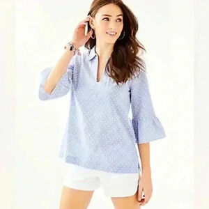Lily Pulitzer Ginger Cotton Stretch Top flounce sleeve blue white Women's small